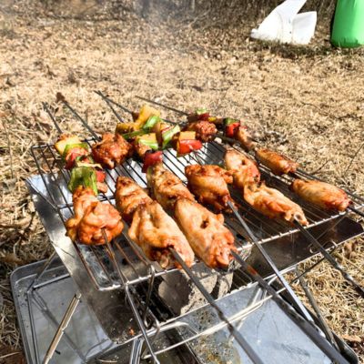 Brasero | Campfire Cookingâą CARRE pliable de camping et demo grillade brochettes
