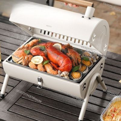 Blanc Barbecue Portable | Campfire Cooking™ avec Surface de Cuisson 2 en 1 ouvert avec nourriture